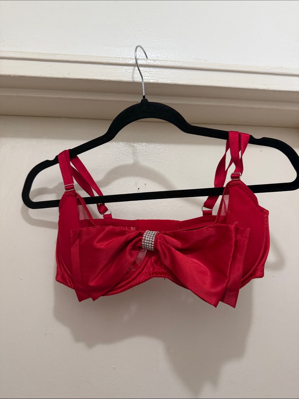 Victoria's Secret Red Satin Bow Bra with Rhinestone Center
